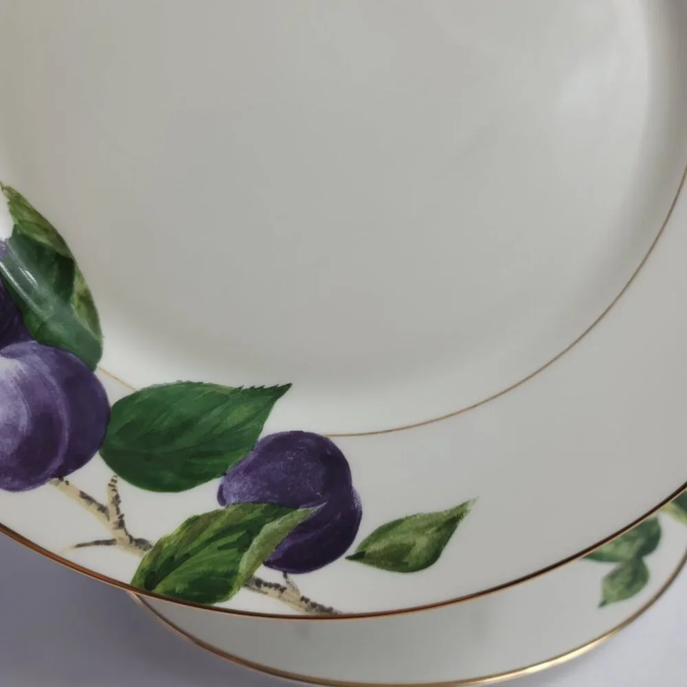 TWO Mikasa Plum L3132 Court Dinner Plates White with Purple Plums Green Leaves